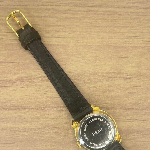 Beau Diamond Gold Tone Quartz Analog Ladies Black Genuine Leather - Picture 5 of 6